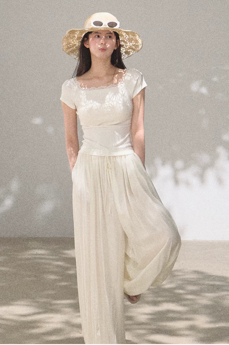 Bohemian Lace-Trim Off-Shoulder Fitted T-Shirt
