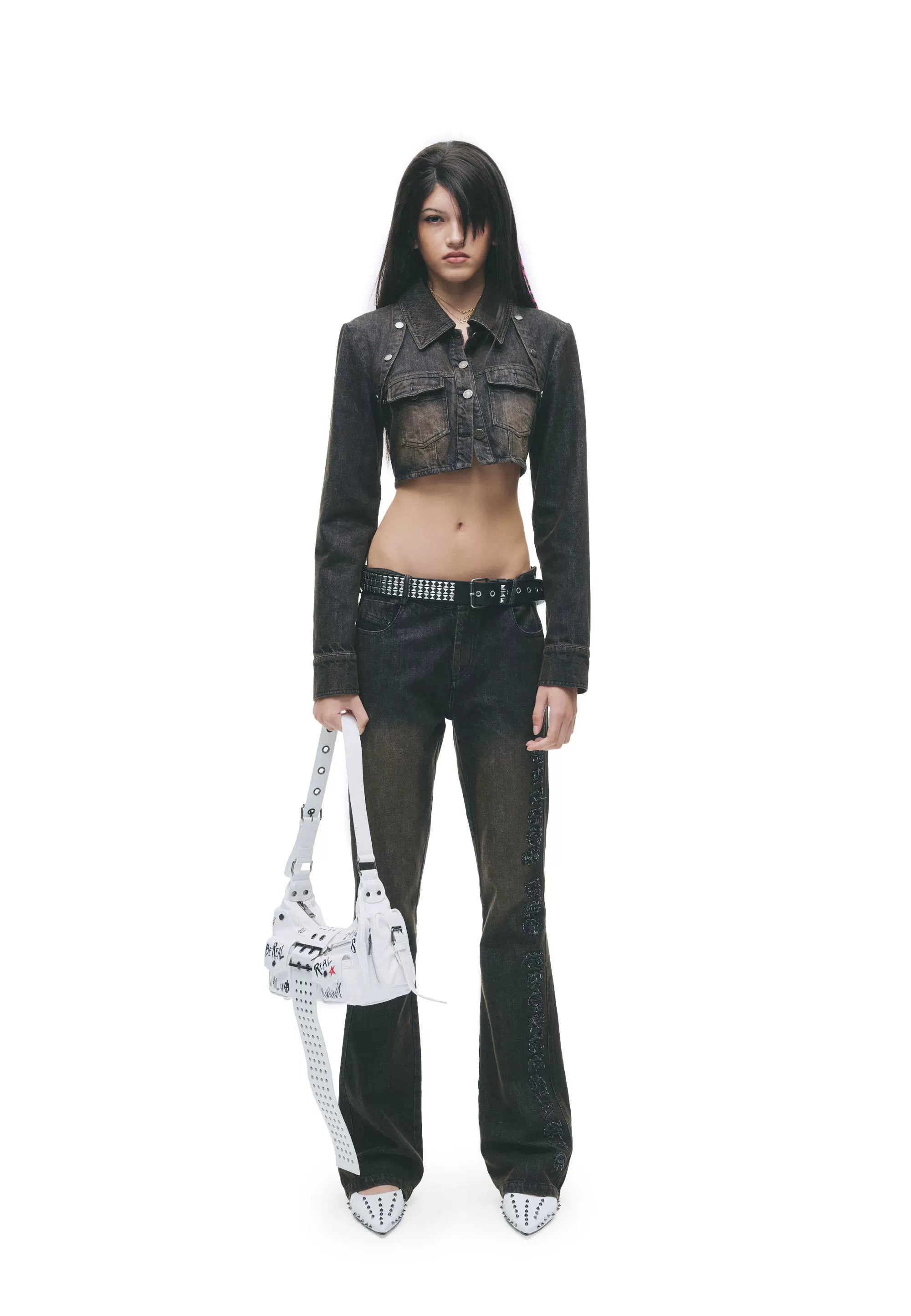 Y2K Washed Denim Cropped Set with Embroidered Patch Detail