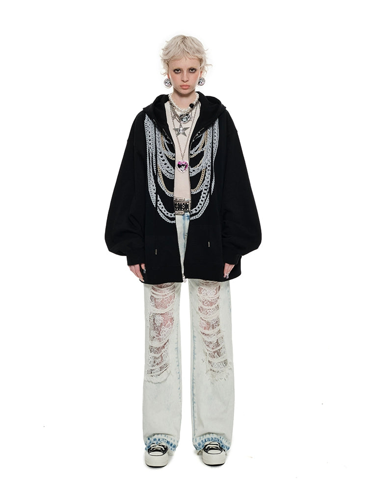 Black & White Oversized Chain Print Hoodie Cardigan - CHINASQUAD