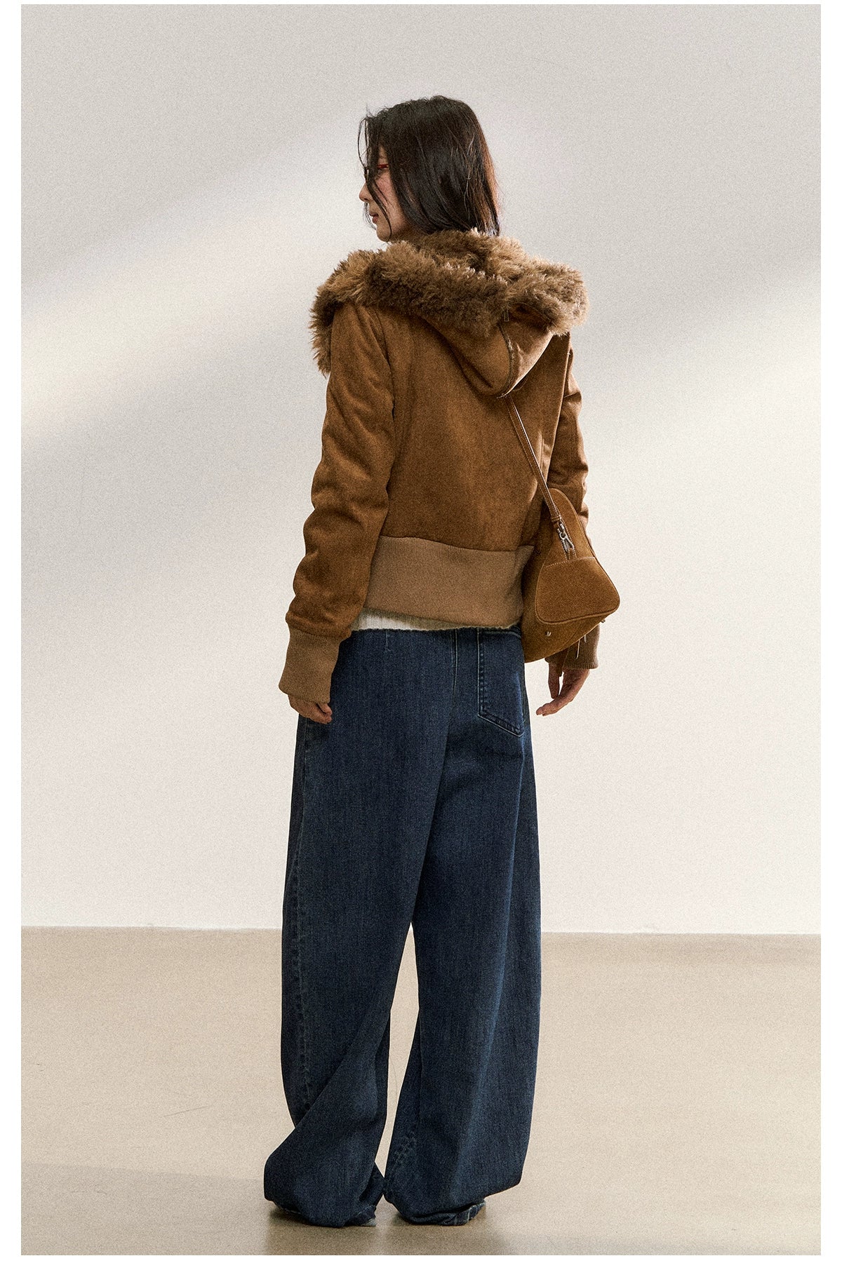 Mahogany Faux Fur Collar Suede Cropped Jacket - CHINASQUAD