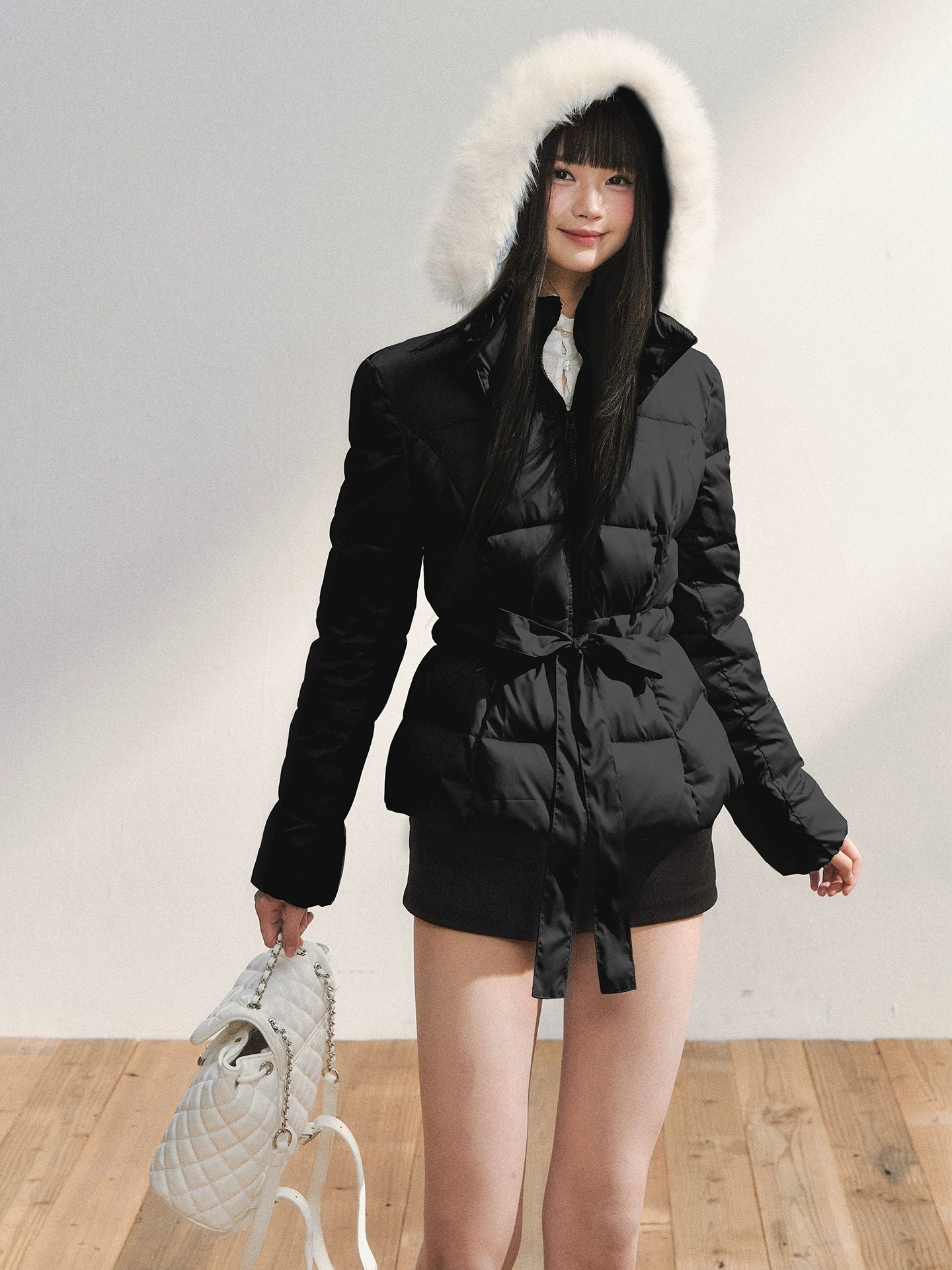Two-Tone Belted Detachable Fur Hood Down Jacket