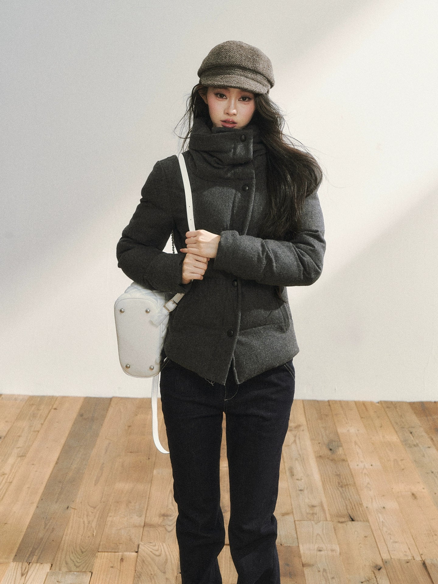 Gray Wool-Blend Quilted Short Puffer Jacket