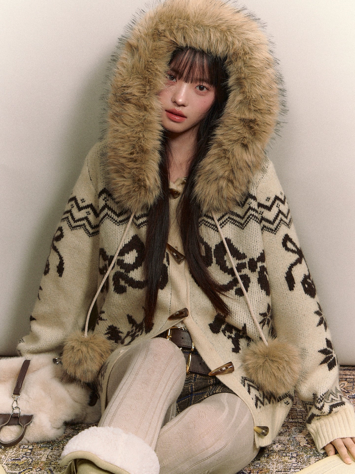 Fair Isle Fur Collar Toggle Buttons Knit Coat - CHINASQUAD