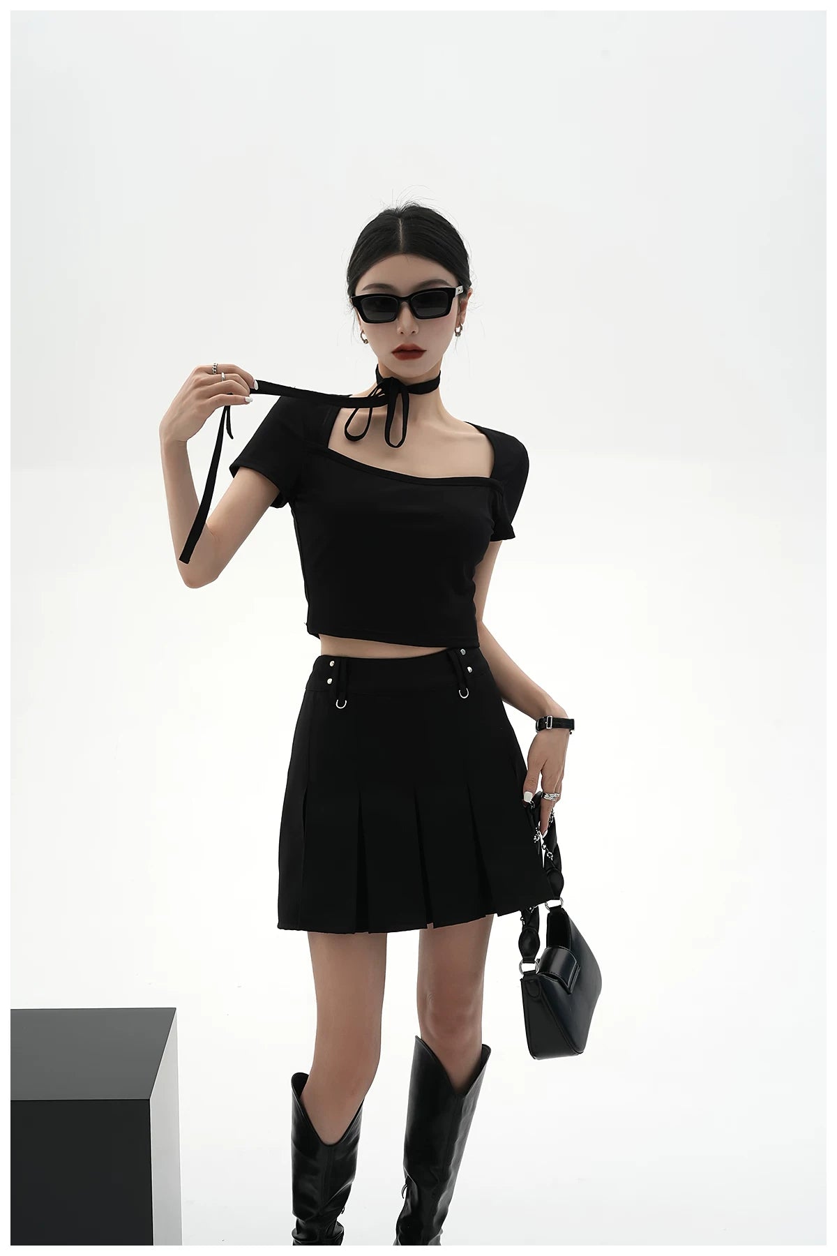 Tie-Detail Square-Neck Cropped T-Shirt