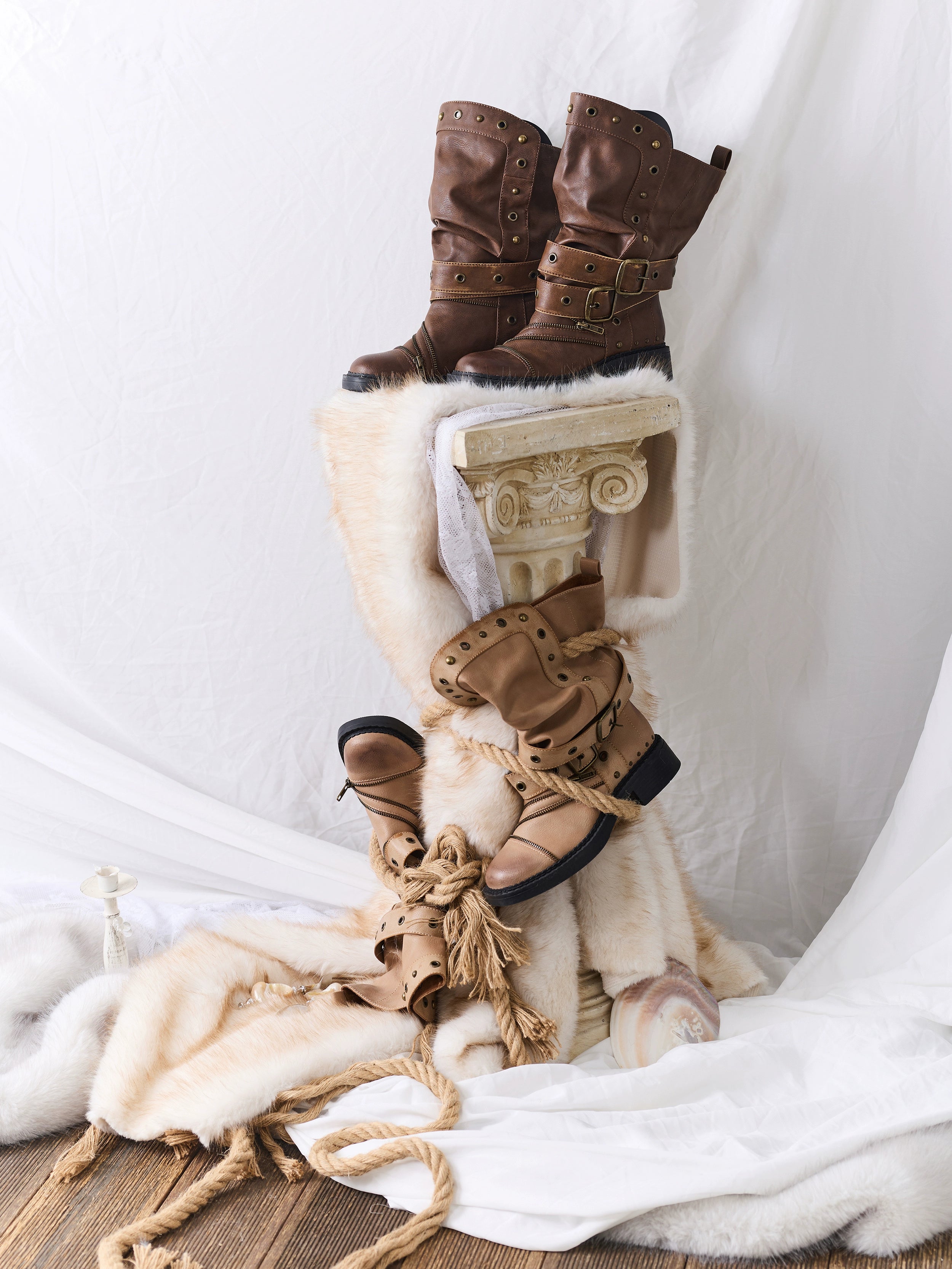 Retro Distressed Rivet Zipper Mid-Calf Boots