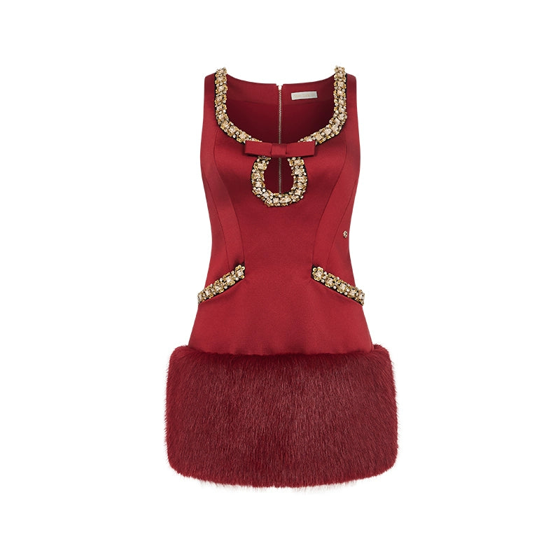 Sable Satin Straight-Cut Faux Fur Dress - CHINASQUAD