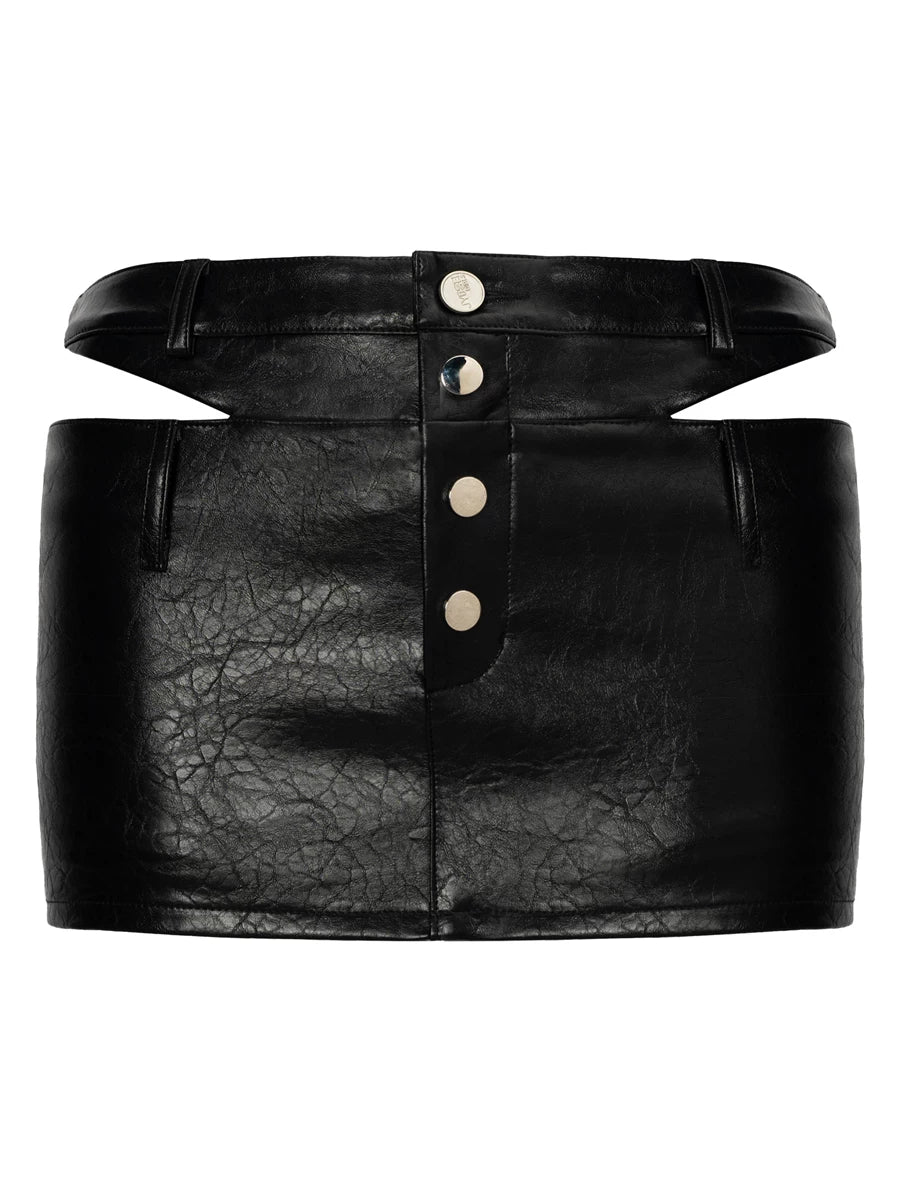 Double Waist Cut-Out PU Leather Bodycon Mini Skirt