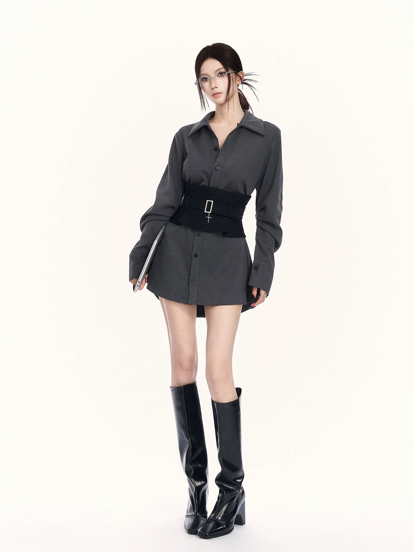 Corset-Waist Shirt Two-Piece Set