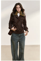 White Faux Fur Collar Quilted Short Jacket - CHINASQUAD