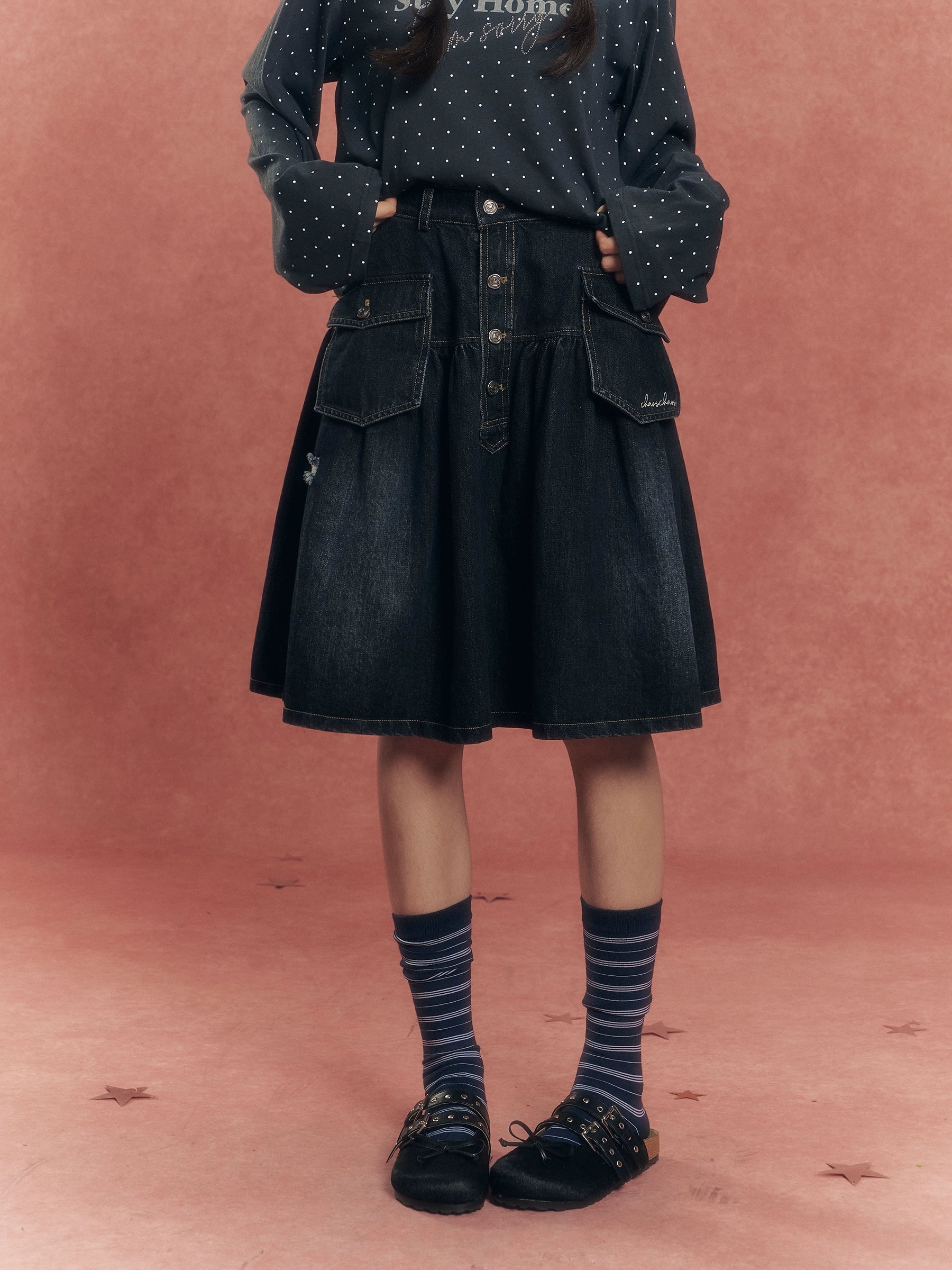 Vintage Washed Denim Utility Midi Skirt