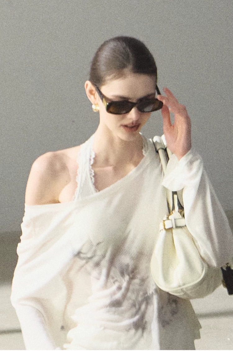 Asymmetric Wool-Modal Lightweight Off-Shoulder Knit T-shirt