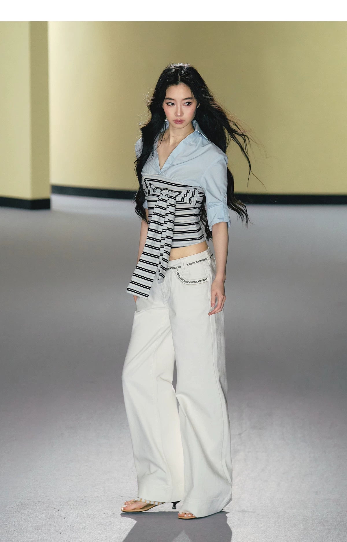 Layered Contrast Tie-Waist Shirt Top