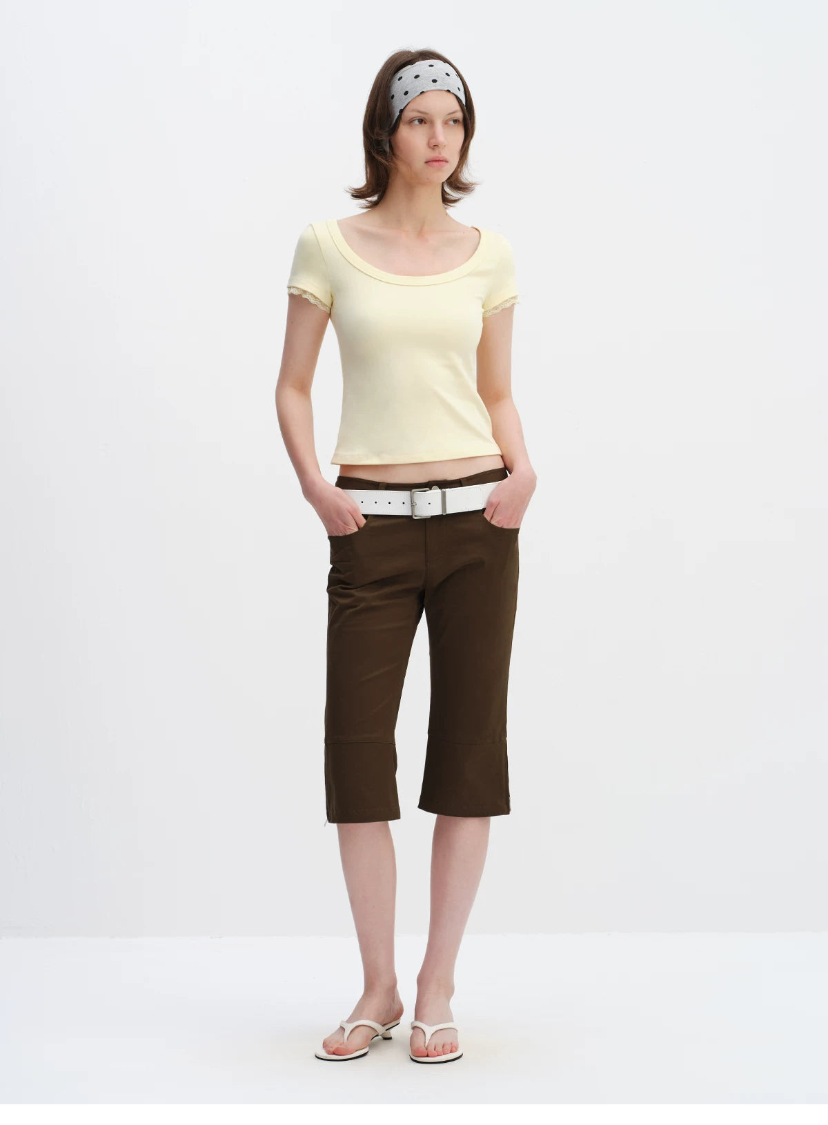 Lace Trim Scoop Neck Fitted Cotton T-Shirt