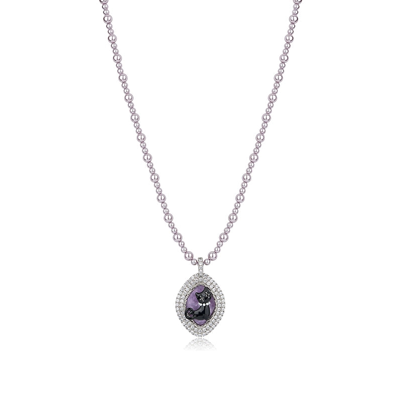 Cat Enamel Purple Pearl Necklace - CHINASQUAD