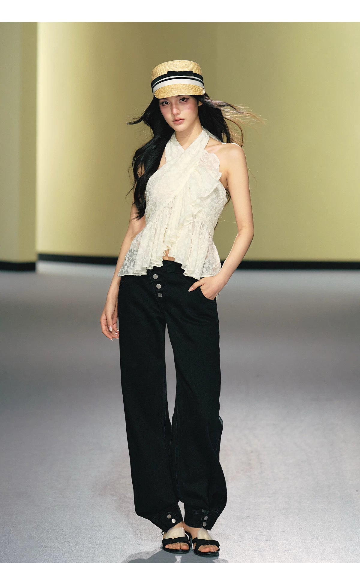 Lace Crisscross Halter Ruffle Top