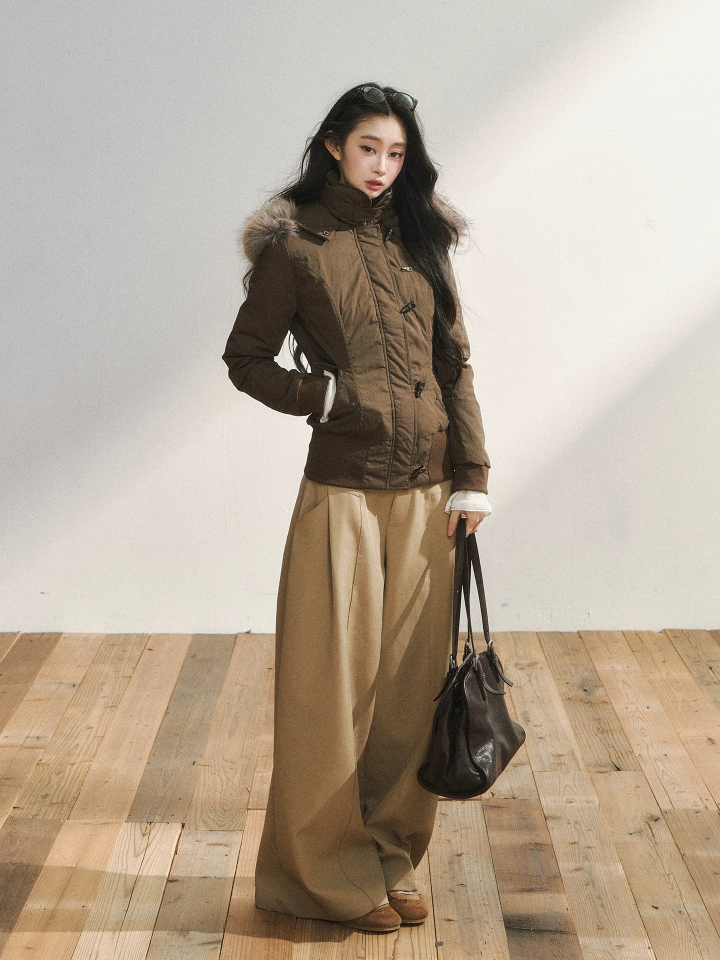 Two-Tone Faux Fur Collar Hooded Duffle Puffer Jacket