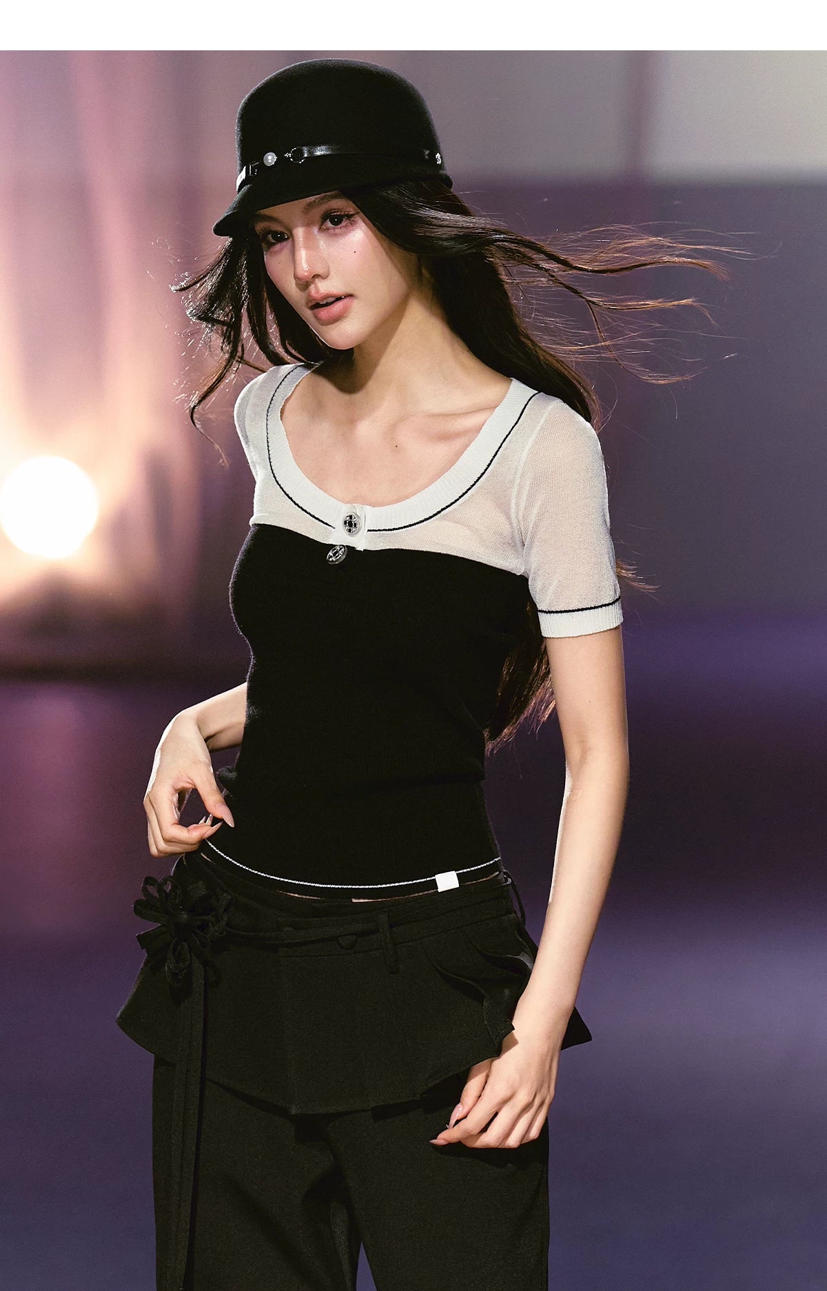 Semi-sheer Sparkly Color-block Short-sleeve Top