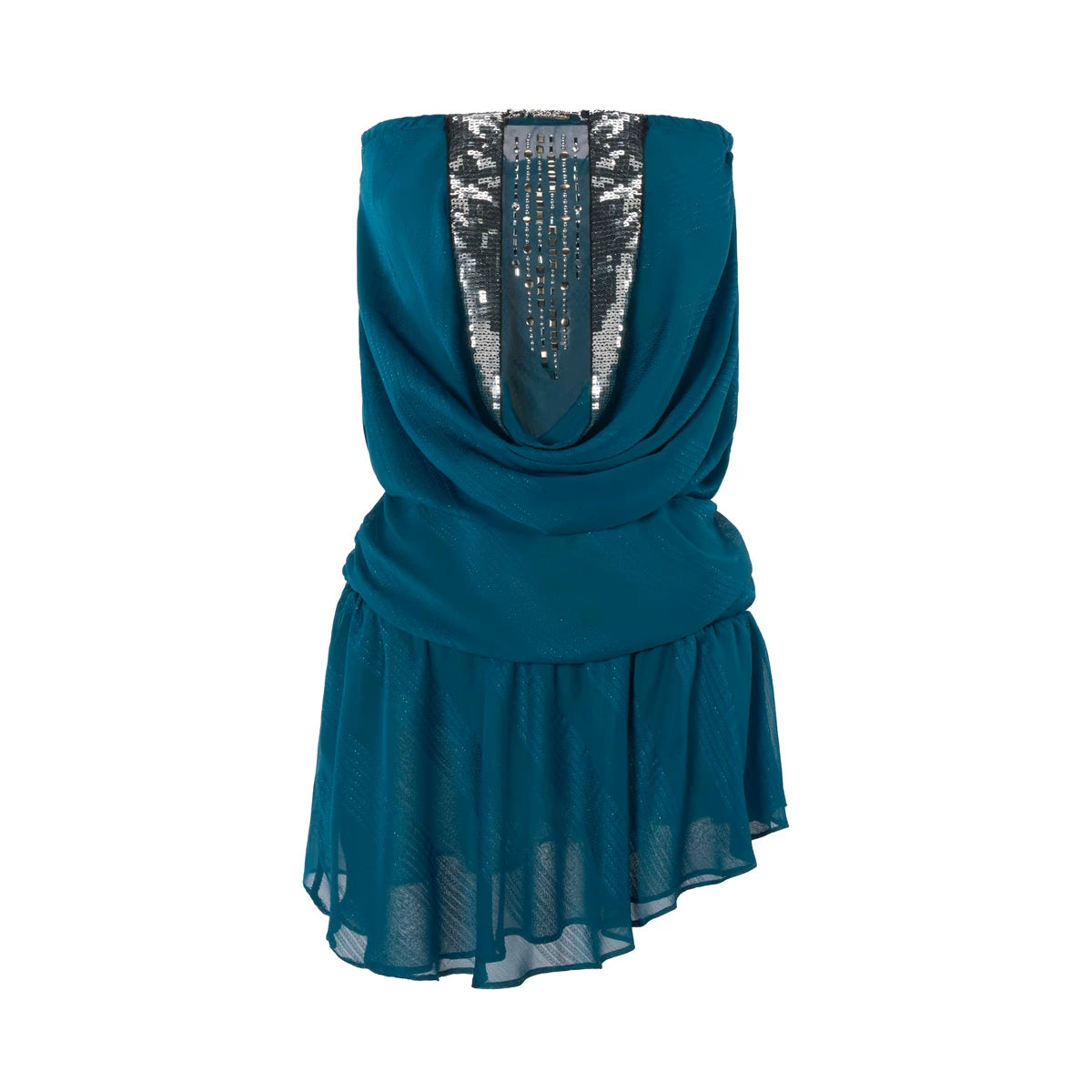 Teal Embellished Draped Strapless Chiffon Mini Dress