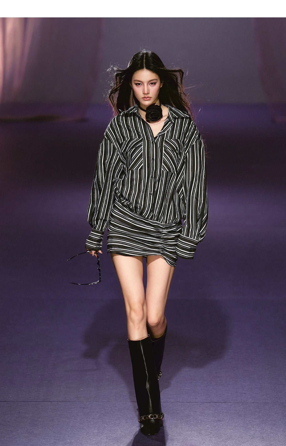 Striped Relaxed Shirt Dress with Satin Flower Brooch