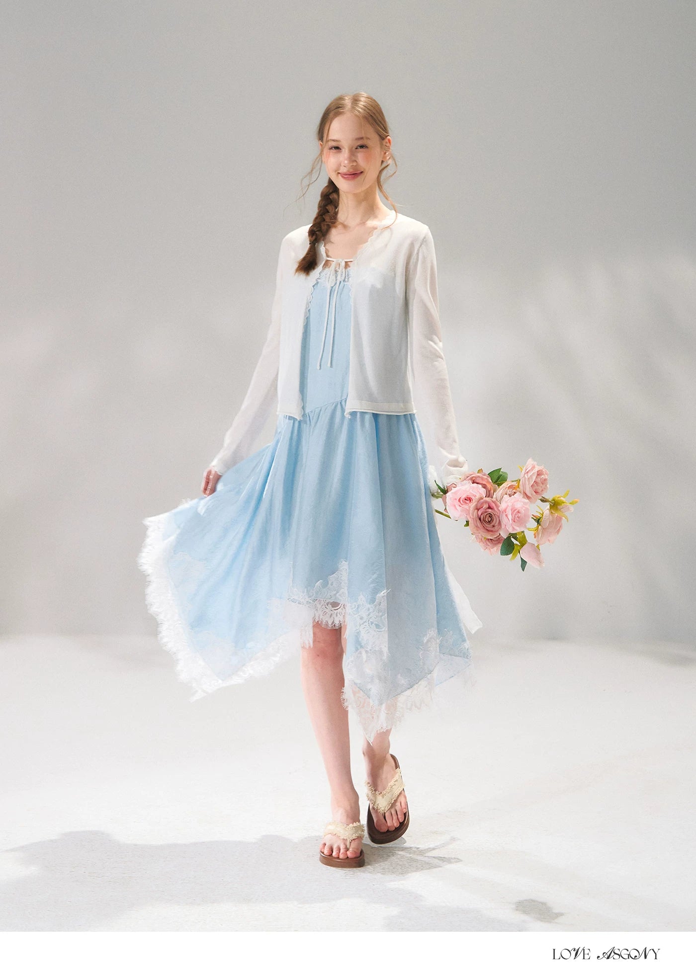 Asymmetric Lace-Trim Slip Midi Dress