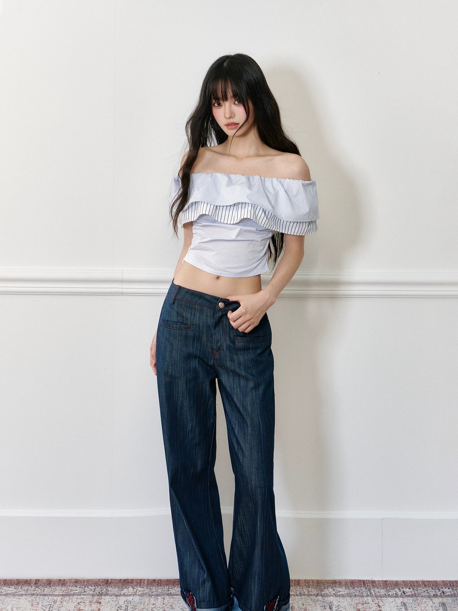 Color-block Stripe Wave Off-shoulder T-shirt - CHINASQUAD