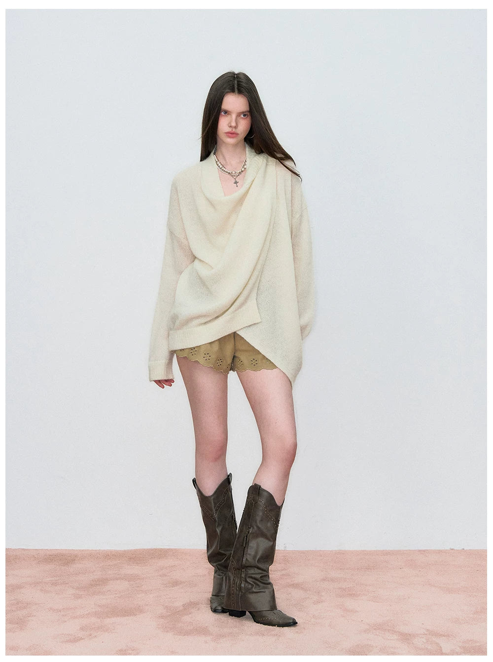 Shawl-Style Asymmetric Wool Knit Sweater