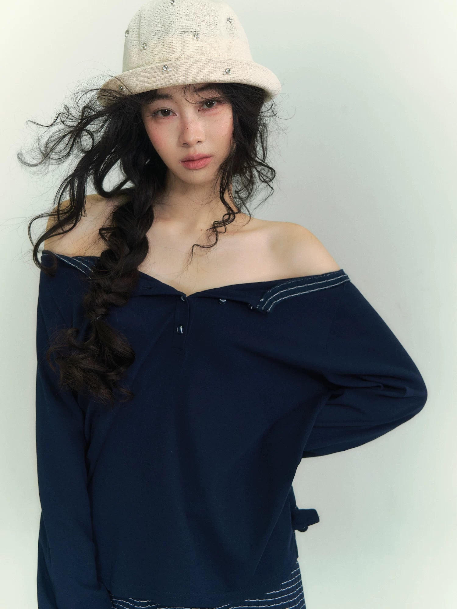 Patchwork Striped Henley Long Sleeve T-Shirt & Layered Knit Flared Skirt Pants Set