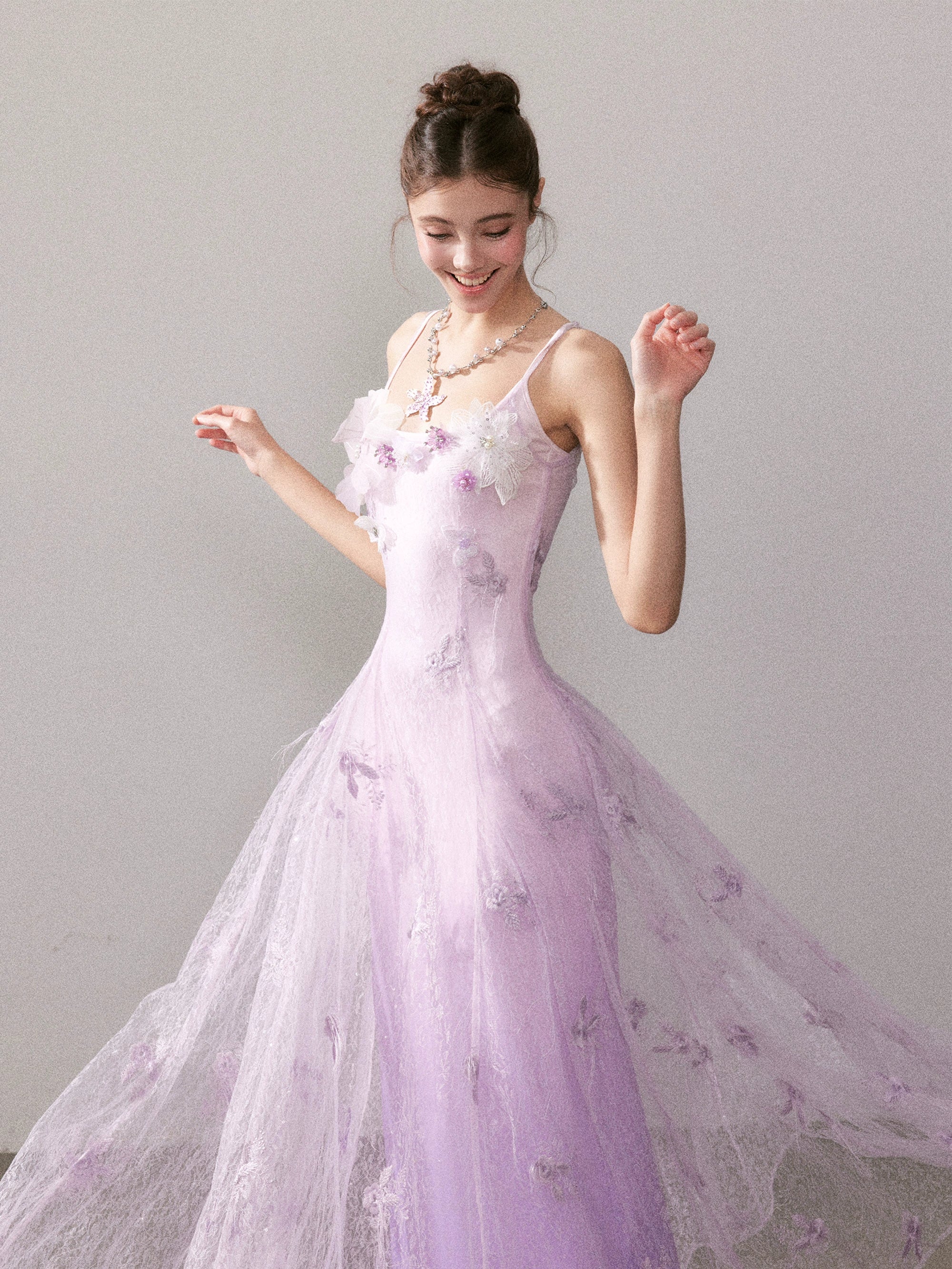 Light Purple Gradient Embroidered Bud Lace Long Dress - CHINASQUAD