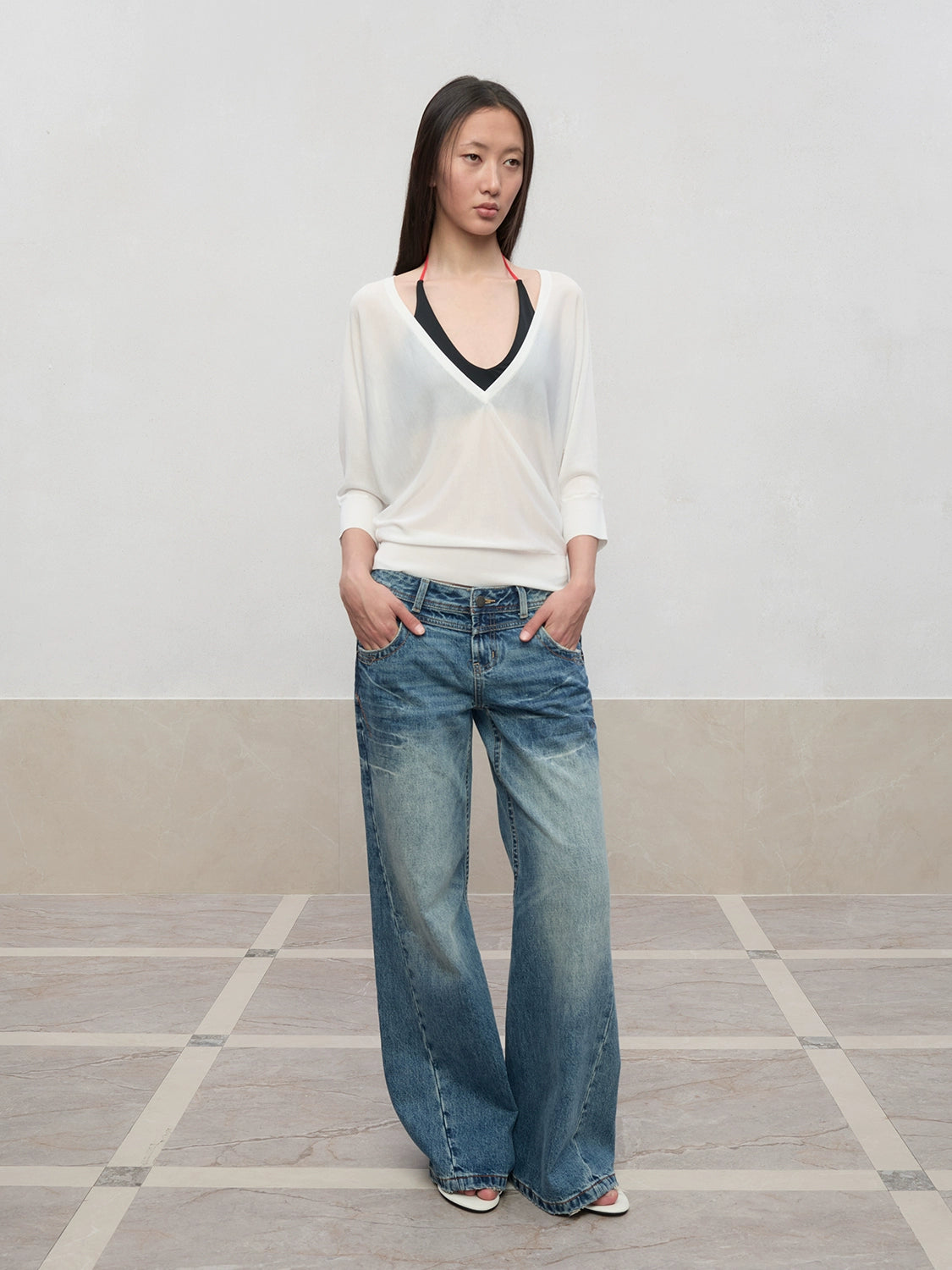 Deep V-Neck Bat-Sleeve Knit Cover-Up