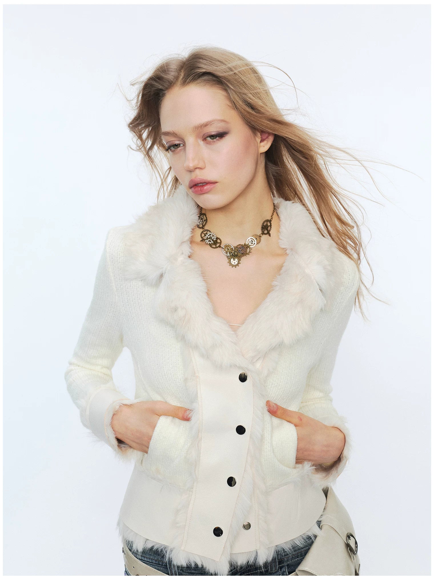 Knit Panel Faux Fur Cardigan Jacket