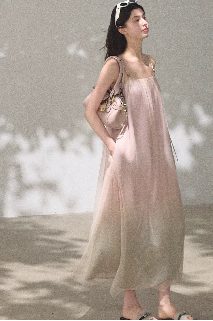 Pink Sand Layered Tulle Camisole Maxi Dress
