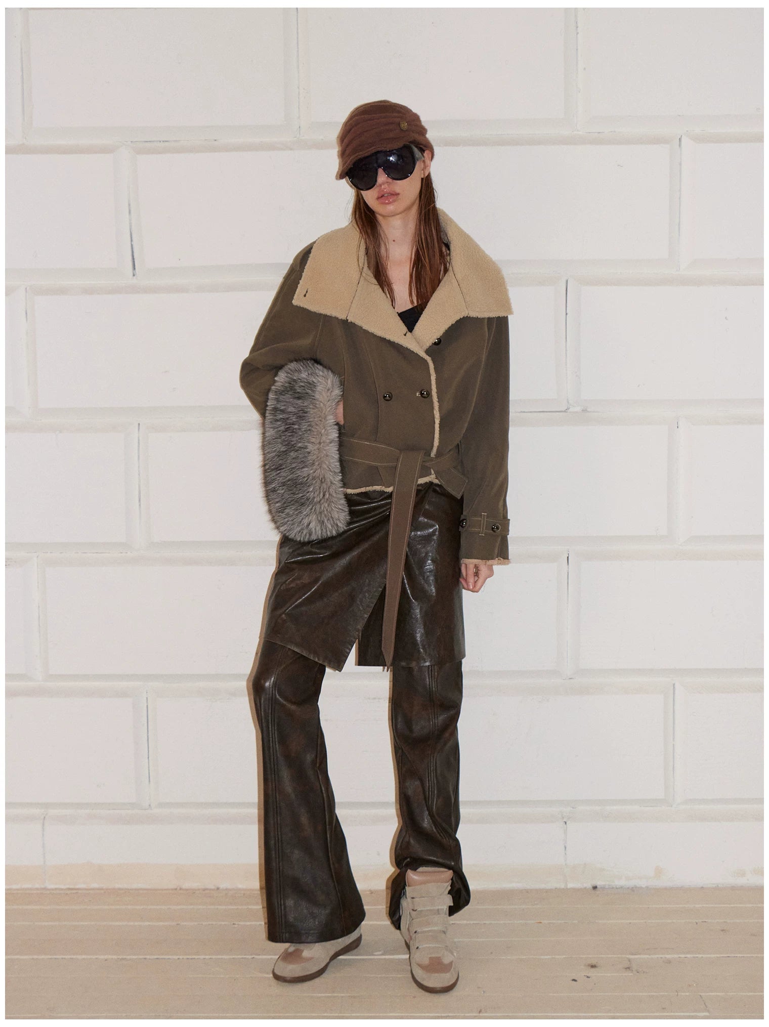 Contrast Fleece-Panelled Shearling Short Coat