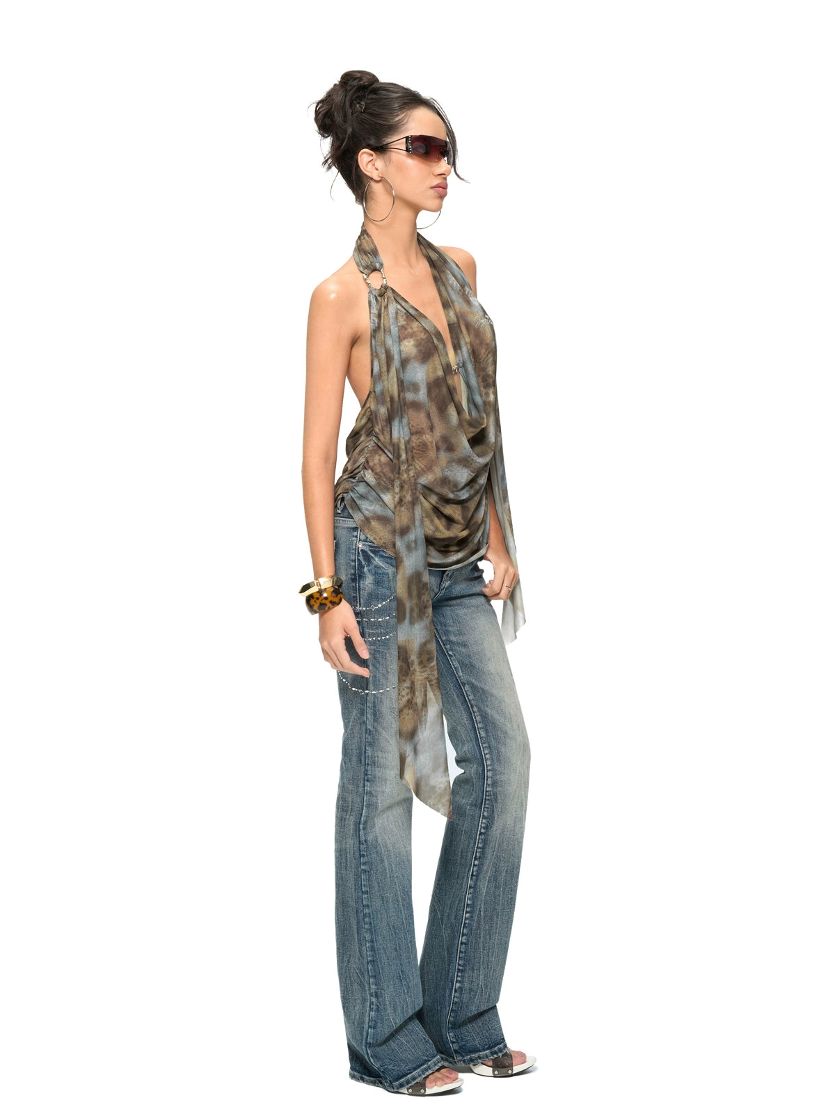 Leopard Drape-Front Backless Mesh Camisole