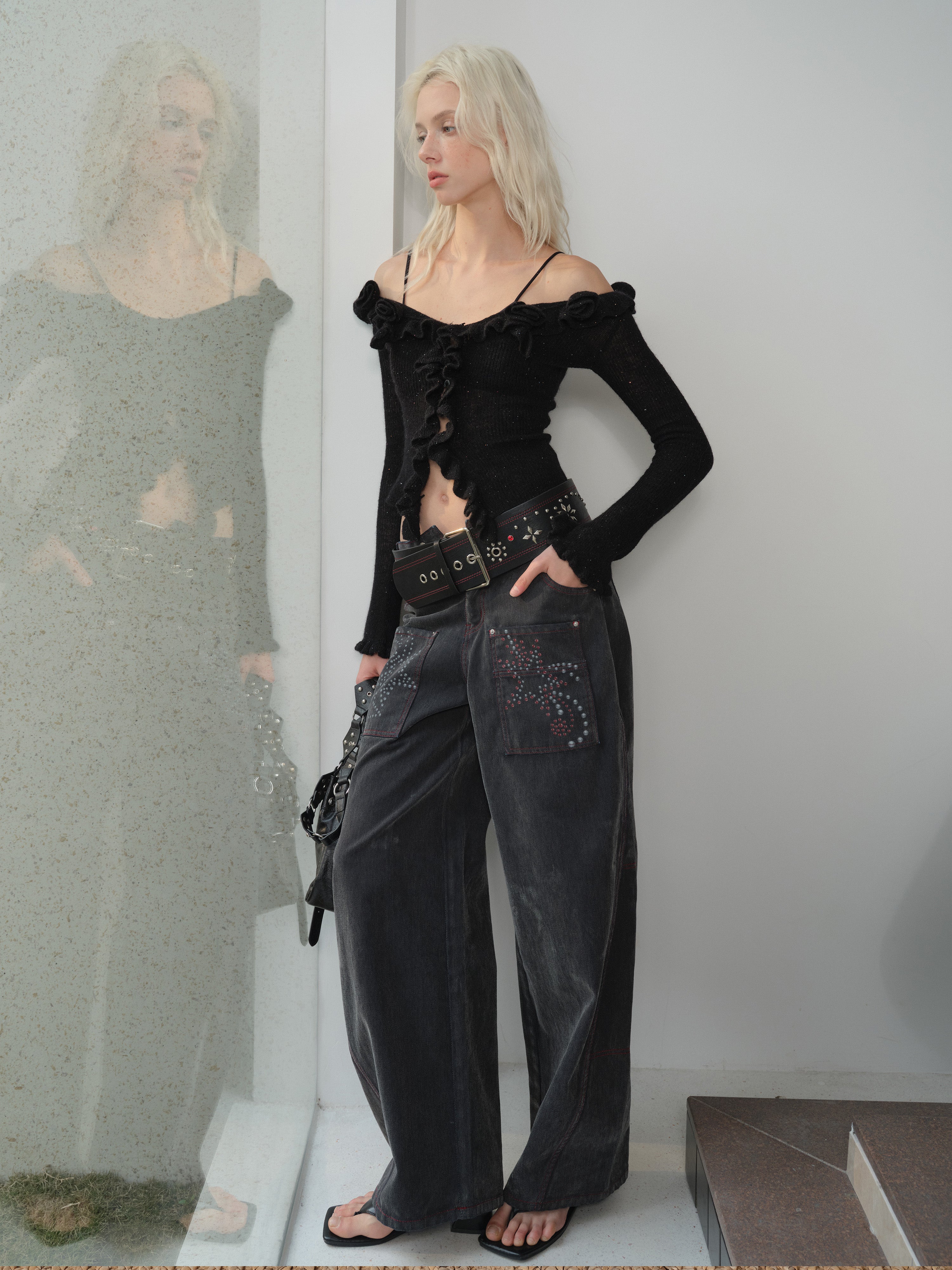 Wash Wide-Leg Star Print Jeans - CHINASQUAD