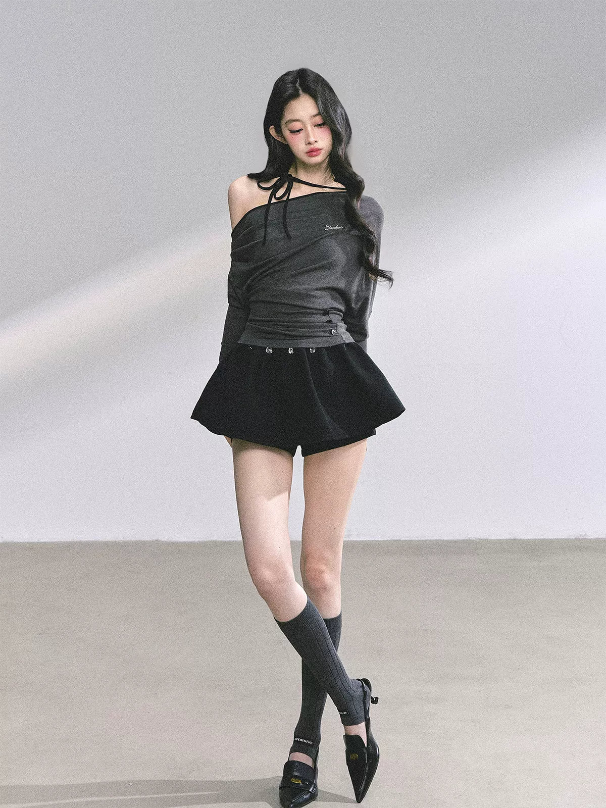 Off-Shoulder Halter Long-Sleeve T-Shirt