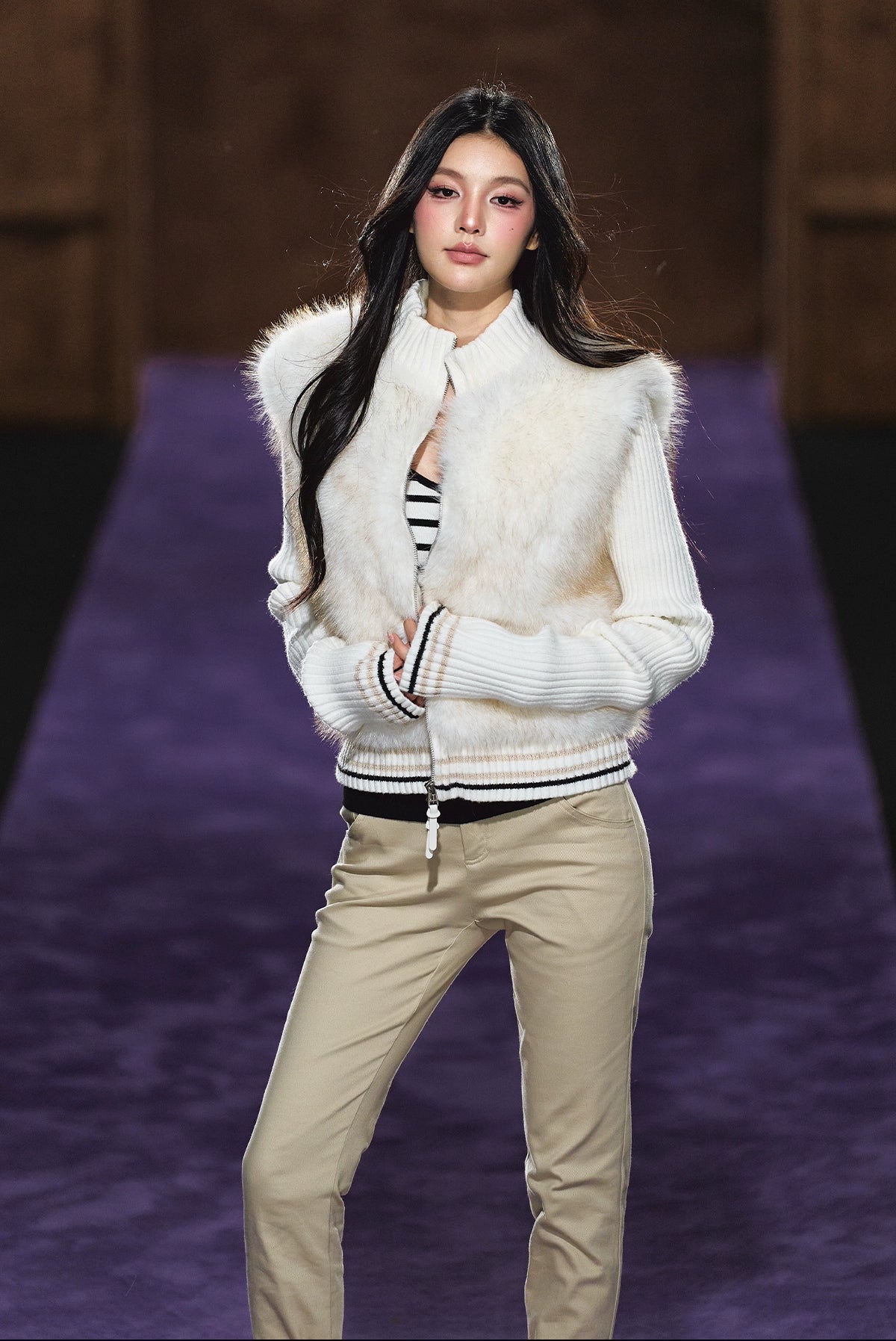 Faux Fur Knit-Panel Two-in-One Cardigan