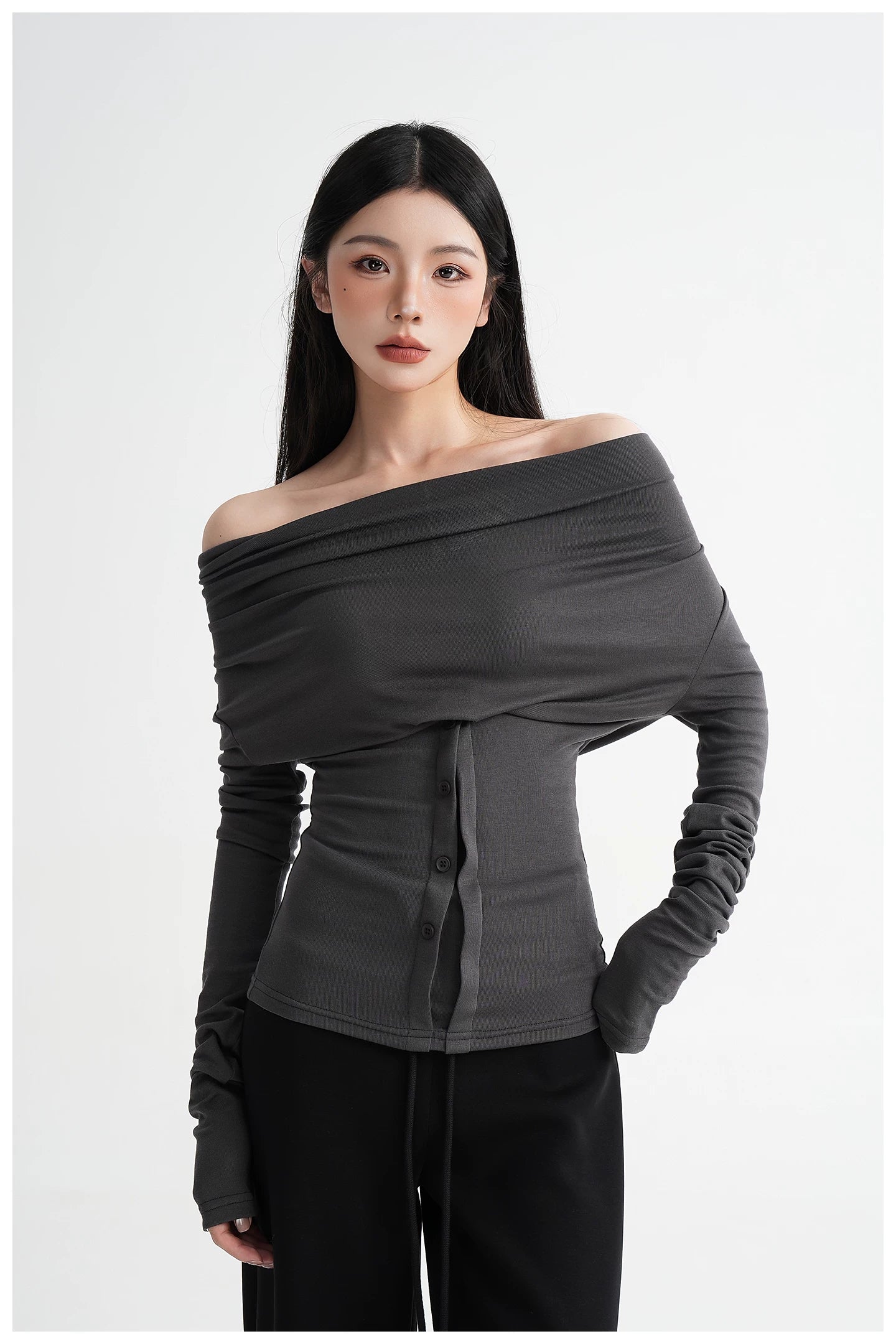 Neck Off-Shoulder Fitted Long Sleeve T-Shirt