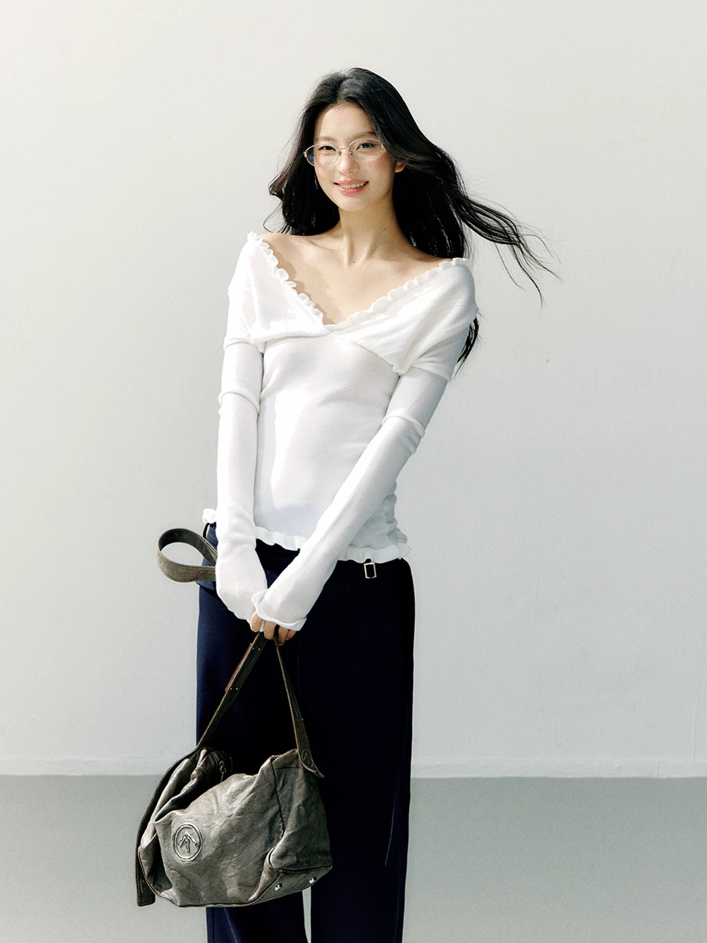 Off-Shoulder Ruffle Trim Fitted Knit Base Layer