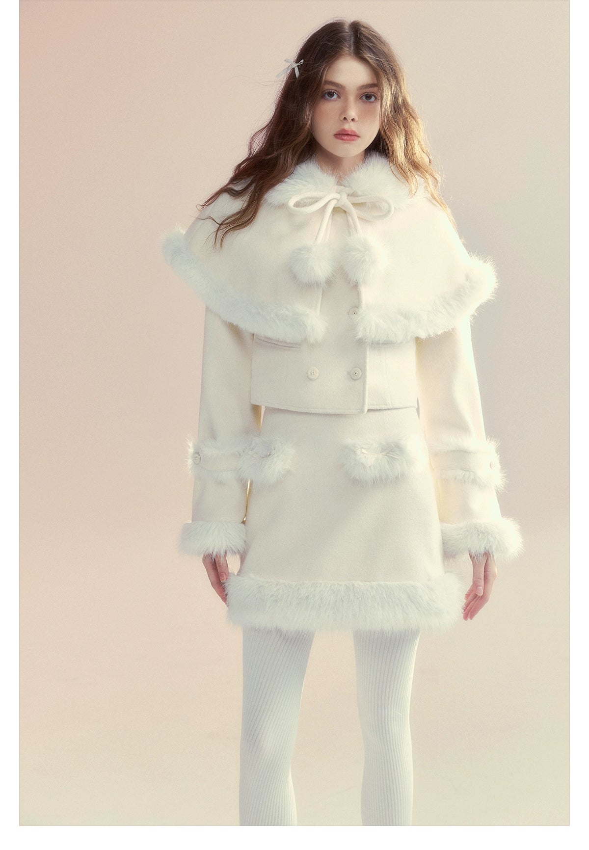 Beige Wool Collar Cape Coat & Skirt Set - CHINASQUAD