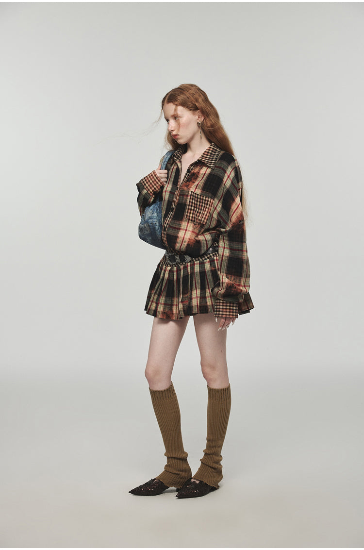 Tie-dye Plaid Shirt & Mini Skirt Set - CHINASQUAD