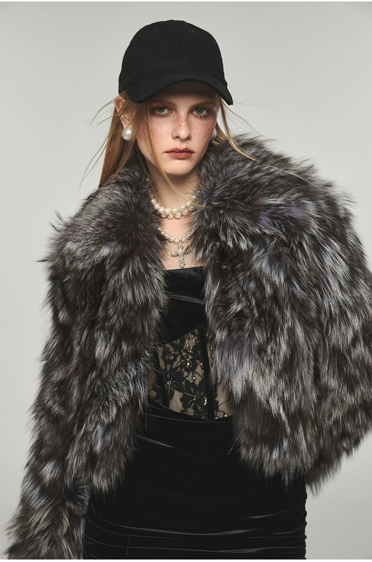 Turn-down Collar Silver Fox Fur Short Coat - CHINASQUAD