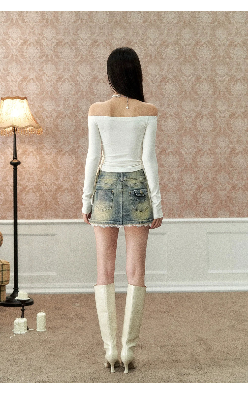 Black & Cream One-shoulder Pearl Chain Printed Blouse - CHINASQUAD