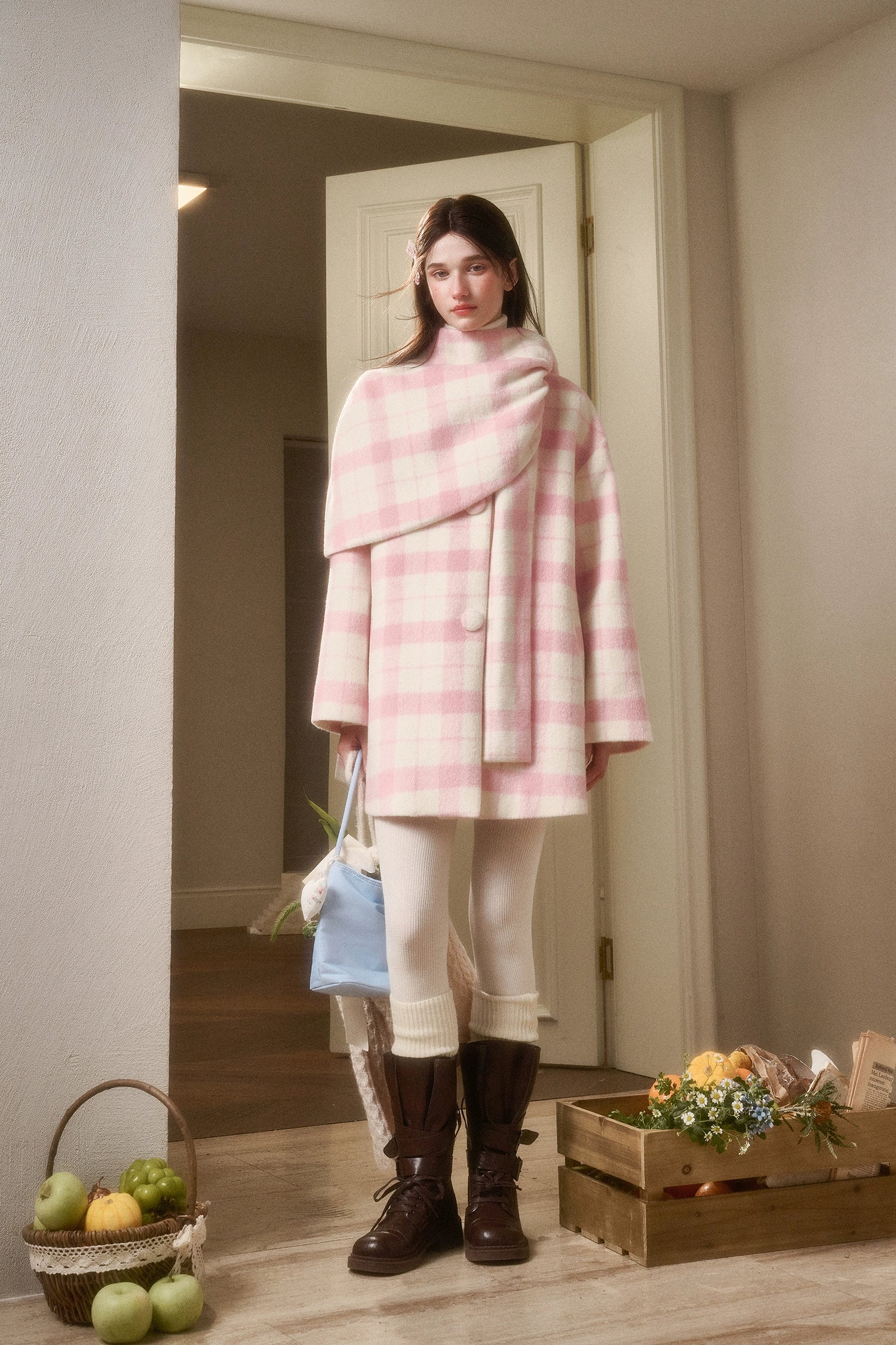 Baby Pink Raspberry Check Wool-Like Cape Coat
