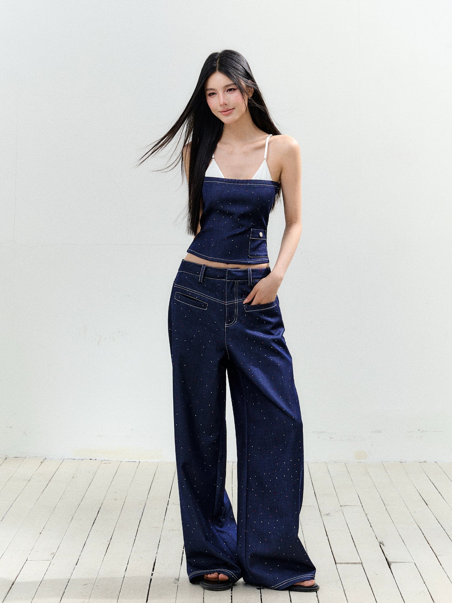 Fake Two-Piece Rhinestone Halter Top & Pant Set - CHINASQUAD