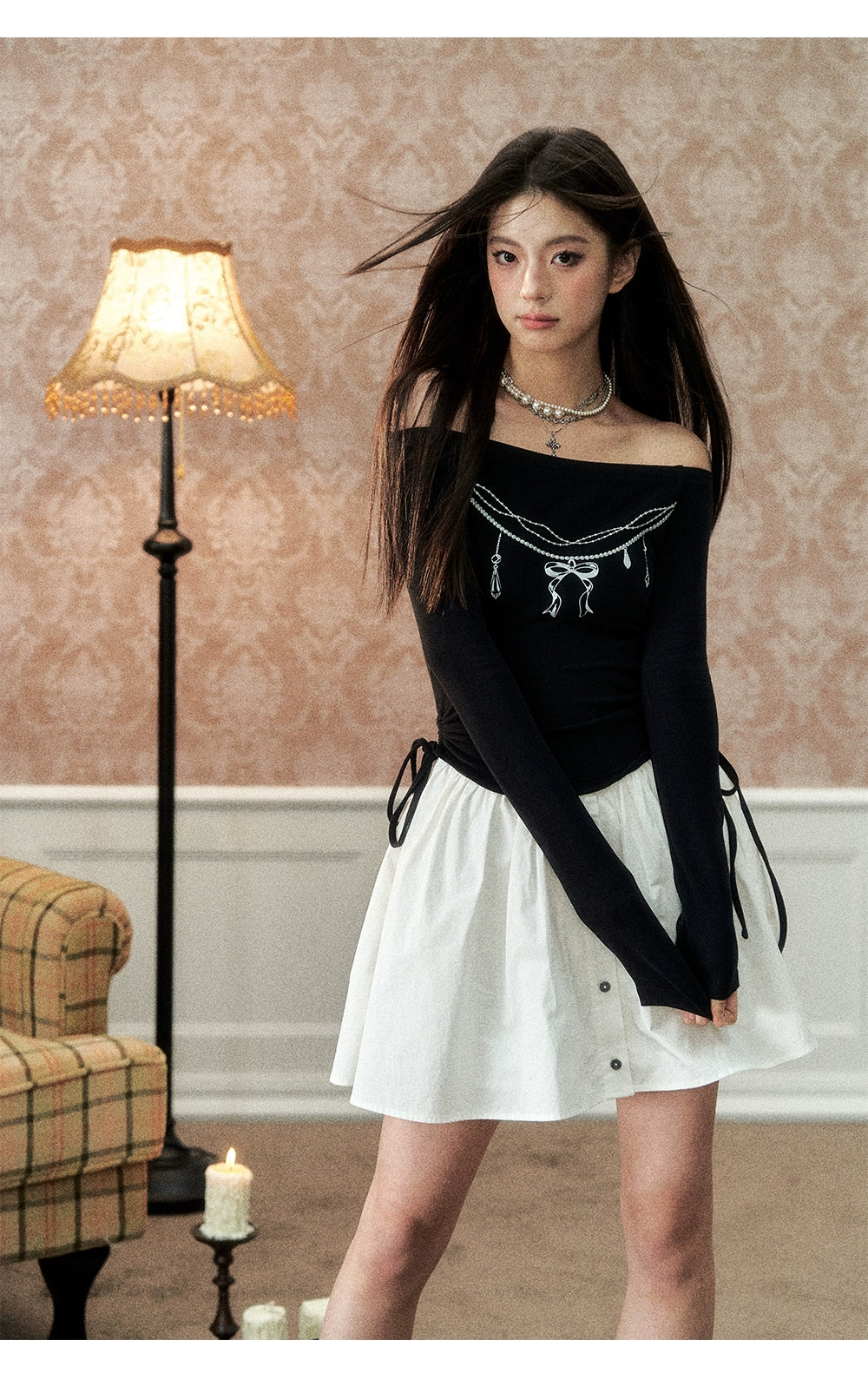 Black One-Shoulder Pearl Chain Printed Dress - CHINASQUAD