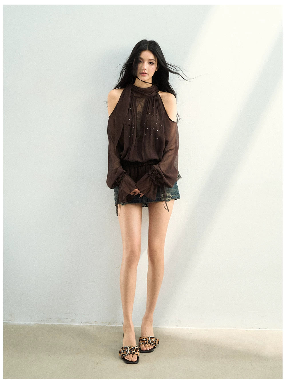 Rhinestone Sheer Chiffon Blouse