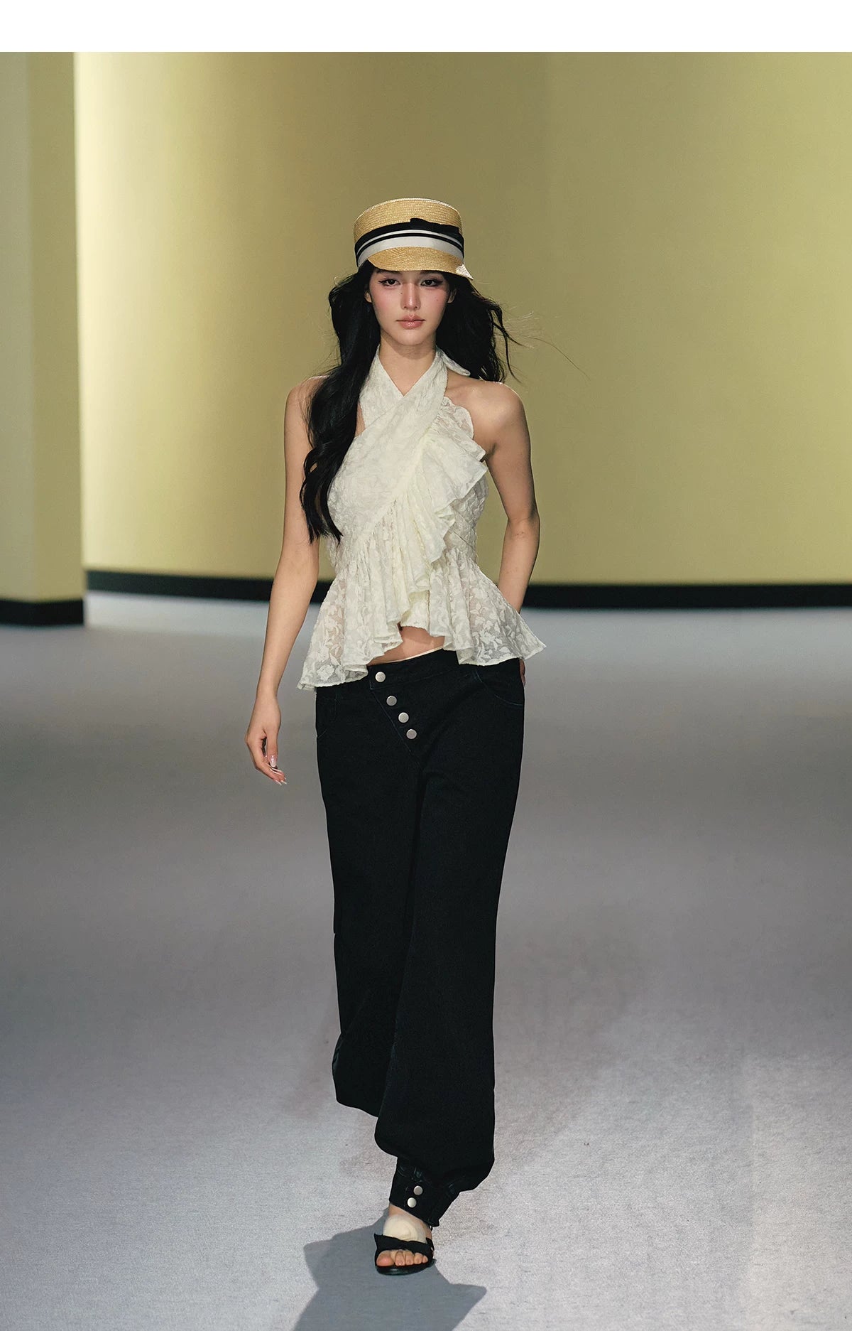 Asymmetric Placket Straight-Leg Denim Trousers