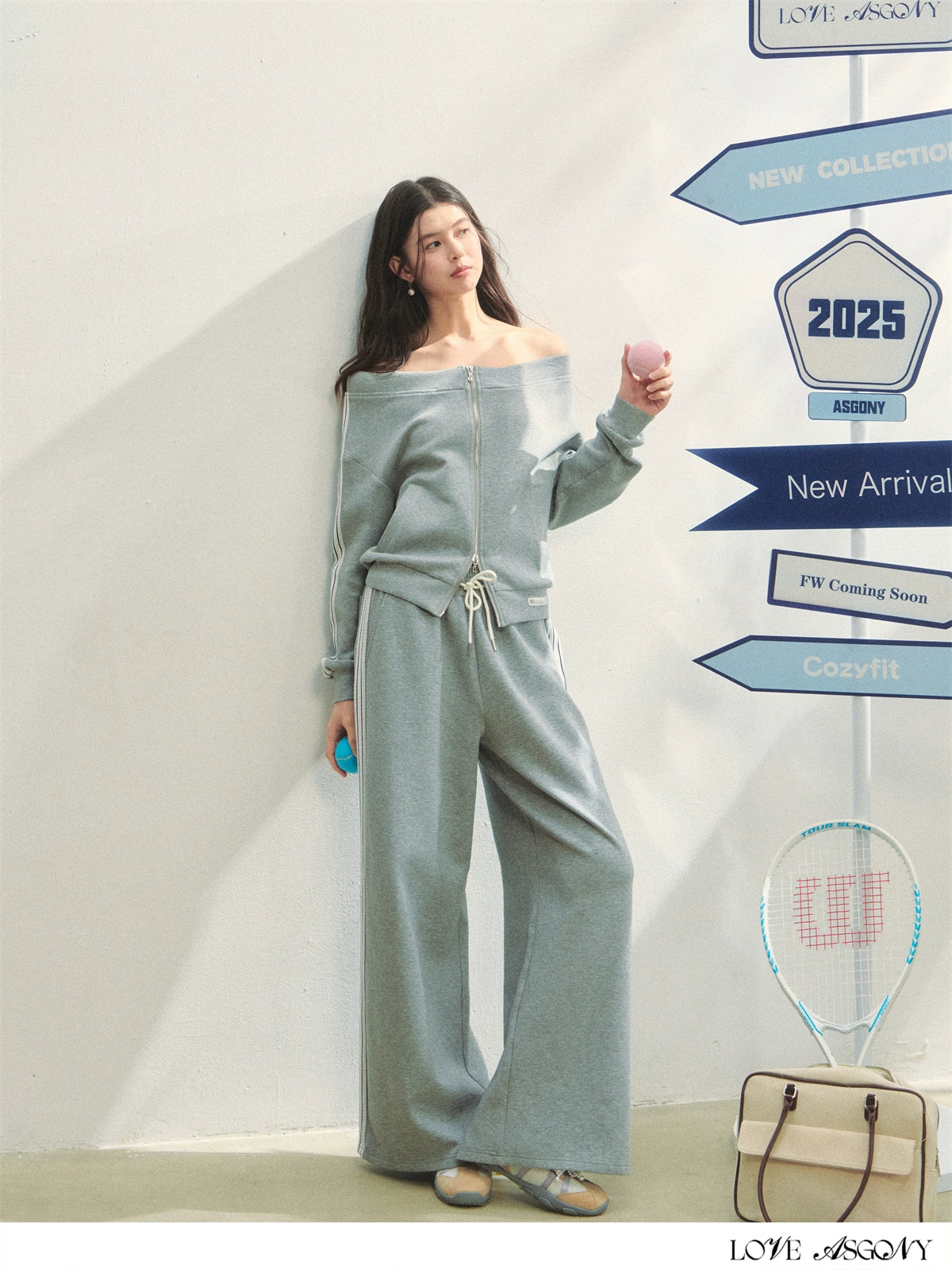 Off-Shoulder Zip-up Sweatshirt & Pants Set - CHINASQUAD