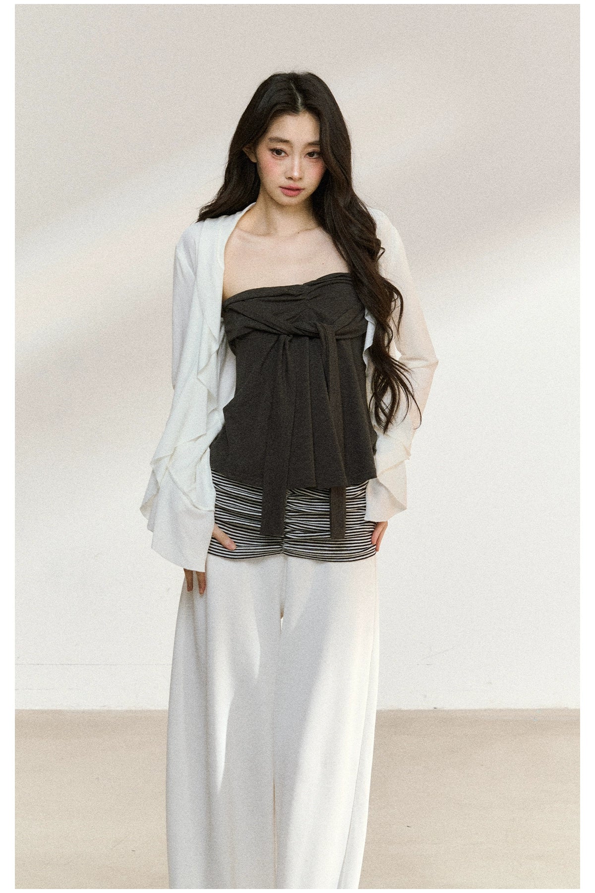 Layered Ruffle-Edge Cardigan & Tube Top Set - CHINASQUAD