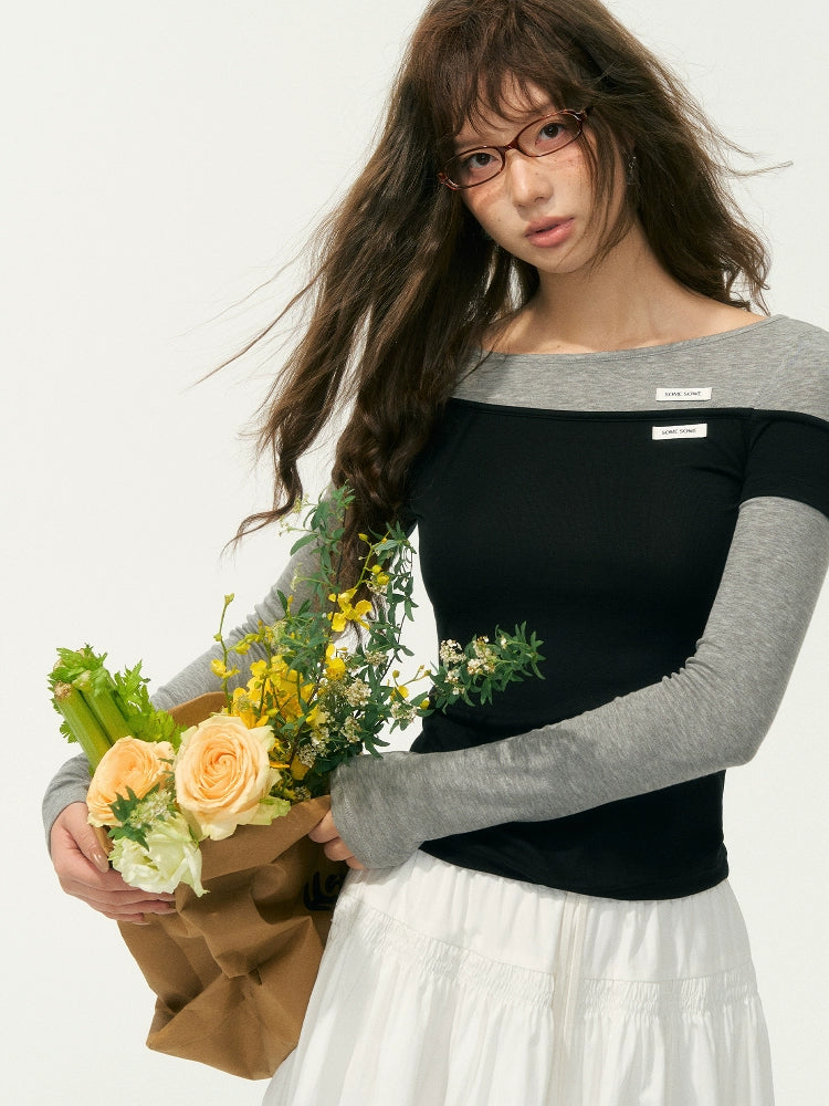 Irregular Fake Two-Piece Color-Block Knit T-shirt - CHINASQUAD